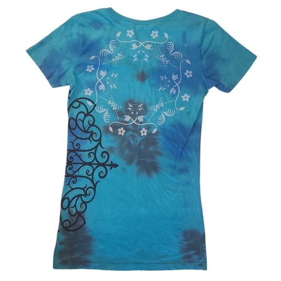 Sugar & Rox By Buckle Womens Teal Tie-Dye V-neck Graphic Tee w/ Rhinestones - M - Picture 2 of 9